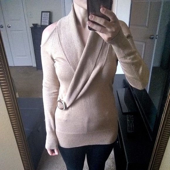Cache Open Shoulder Gold Wrap Sweater M - Picture 4 of 8